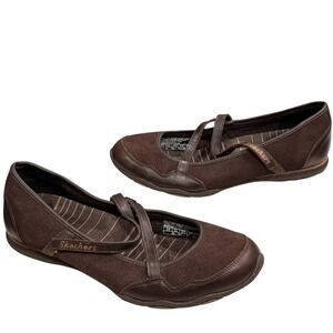 Skechers Comfort Mary Jane Flat Shoes Women 7.5 Brown Leather Adjustable Walking